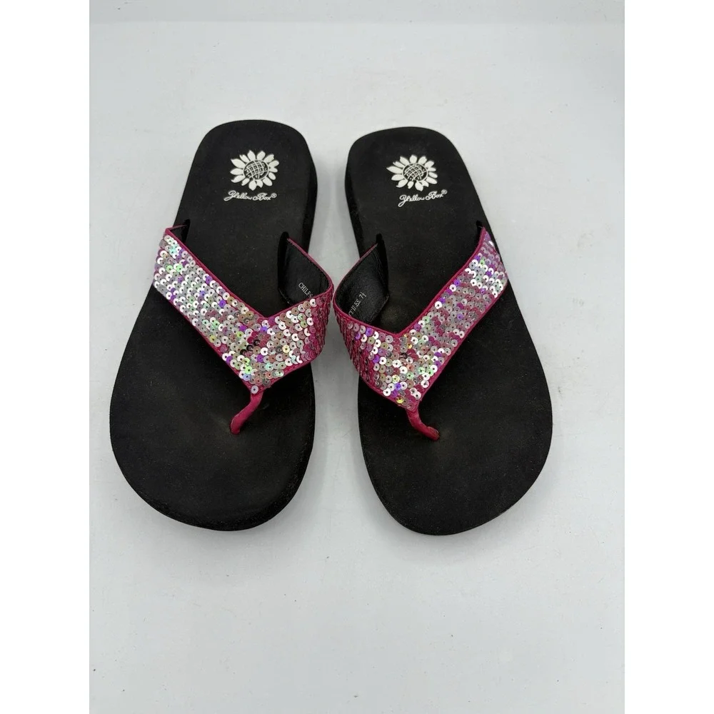 Yellow‎ Box Sandals Womens Size 7.5 Chiles Sequin Pink Bla Thong Slide Flip Flop